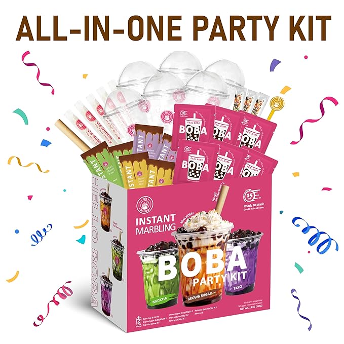 O's Bubble Boba Tea Kit - Bubble Tea Kit - All in One Boba Kit for Boba Tea Lovers - Boba Party Kit for Boba Drinks - Boba Kit for Kids - 6 Servings Includes Cups, Straws, Stirrer (Party Kit Variety Pack Upgrade)