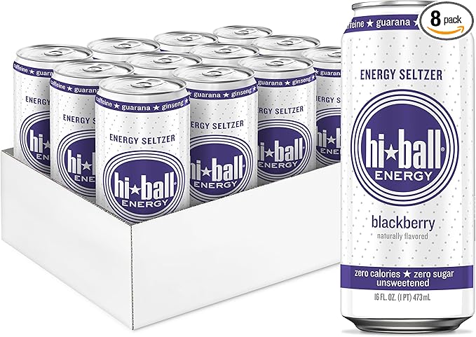 Hiball Clean Energy Seltzer Water, Caffeinated Sparkling Water Made with Vitamin B12 and Vitamin B6, Sugar Free 16 Fl Oz (Pack of 8), Blackberry