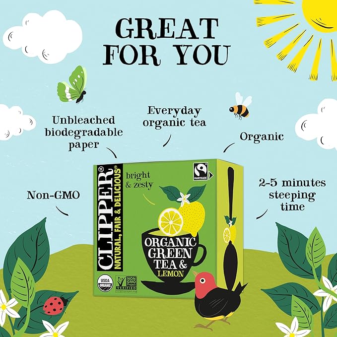 Clipper Tea Green Tea & Lemon Teabags – USDA Organic, Great Hot or Iced – Bright, Zippy, Natural, Fair & Delicious – 50 Tea Bags