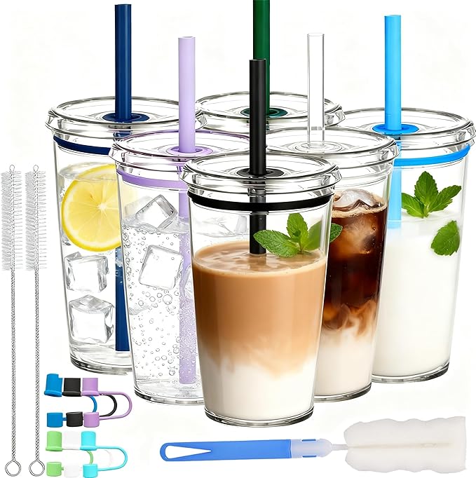 Clear Tumbler Cup, 16 oz Plastic Iced Coffee Cup with Lid and Straw, 6 Pack, Reusable and Dishwasher Safe, for Gatherings and Outdoor Adventures (6, Solid Color)