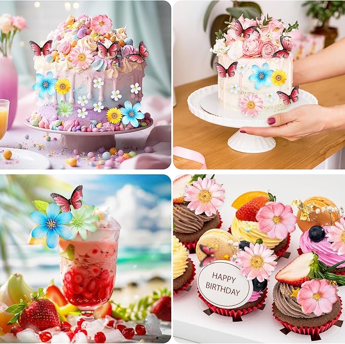 55 Pcs Edible Flowers & Butterflies Cake Decorations - Cupcake Toppers for Wedding, Birthday Party Food (Mixed Size & Colour)