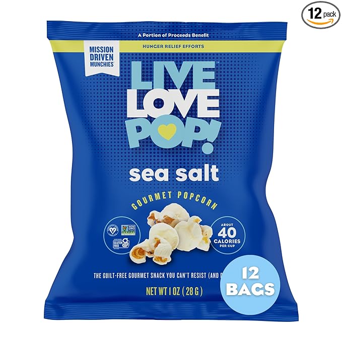 Live Love Pop Sea Salt Flavored Gourmet Popcorn, 1.0 Oz (Pack of 12), Individual Snack Size Bags, Healthy Snack, Gluten Free, Vegan & Non-GMO, Mission Driven Munchies
