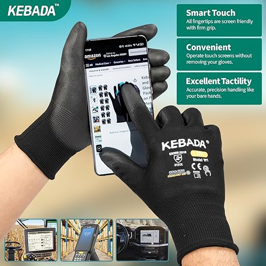 Kebada W1 Safety Work Gloves, PU Coated Touch Screen Work Gloves with Grip, Bulk Pack Working Gloves for Warehouse, Construction, Gardening and Mechanic Use, Black, 50 Pairs, X-Large