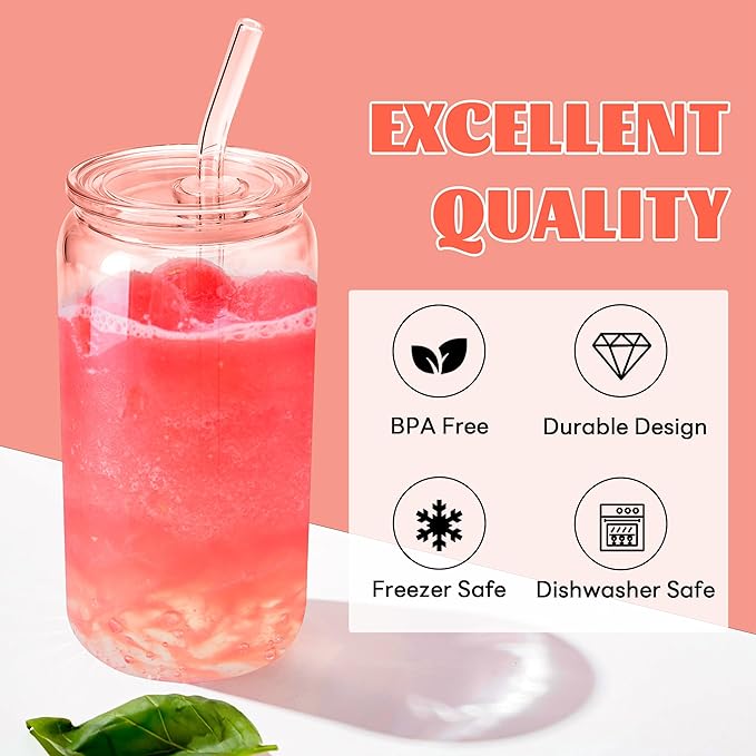 Joyclub 4pcs Glass Cups with Acrylic Lids and Straws 16 oz Can Shaped Glass Iced Coffee Cups with Lids and Straws, Cute Tumbler Cup Drinking Glasses for Smoothie Whiskey Boba Soda Tea Gift