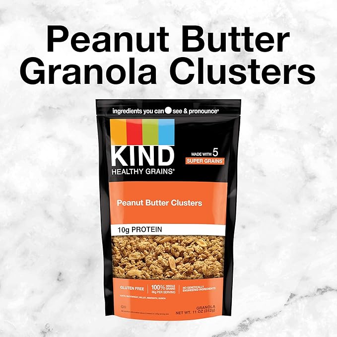 KIND Healthy Grains Granola, Peanut Butter Clusters, Healthy Snacks, Gluten Free, 100% Whole Grains, 10g Protein, 11oz, 6 Count
