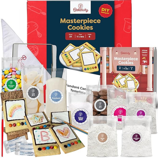 Baketivity Masterpiece Cookies Kids Baking Kit - Cooking Kit for Kids with Premeasured Ingredients, Step by Step Instructions, Paint Brushes, Art Lessons - Baking Set for Girls, Boys Ages 6-12