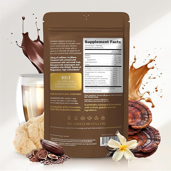Cacao Mushroom Coffee 10X Concentrated Extract, with Lion's Mane, Reishi & Cordyceps, Energy & Focus Support, 30 Servings, Premium Supplement Powder
