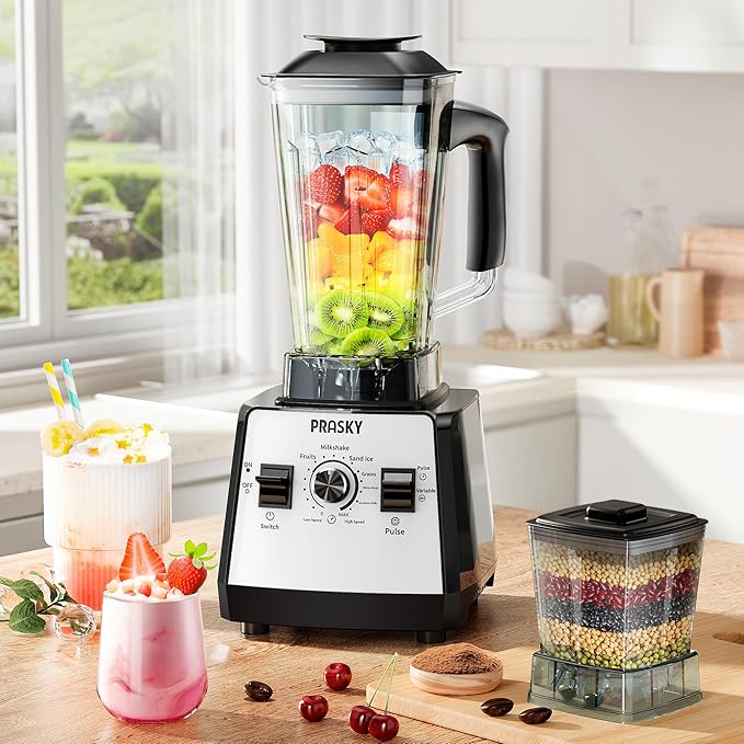 Blenders for Kitchen, Commercial Blender,2400W PRASY Food Processor with 101oz Juice & Grinder Jar, BPA-Free, 25000 RPM Blenders for Smoothies, Ice Crushing, Frozen Fruit (White, 2L)