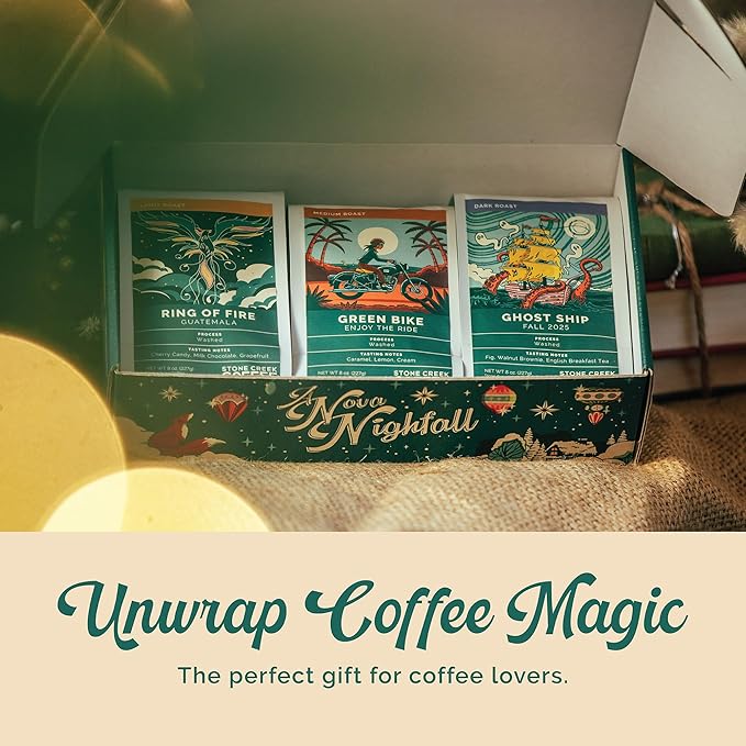Stone Creek Coffee Twinkling Twilight Box (Dark, Medium, and Light Roast, 8 Oz) – Whole Bean Coffee Sampler, Holiday Limited-Edition Gift Set, Juicy, Balanced and Bold Roasted Coffee Beans