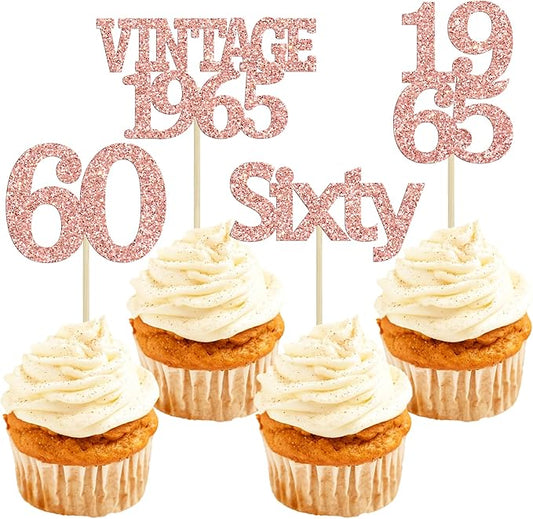 Gyufise 24Pcs 60th Birthday Cupcake Toppers Cheers to 60 Fabulous Sixty Cupcake Picks Vintage 1965 Decorations for 60th Birthday Wedding Anniversary Party Cake Decorations Supplies Rose Gold