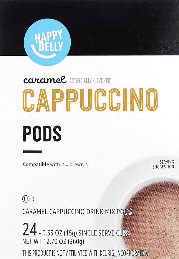 Amazon Brand - Happy Belly Cappuccino Coffee Pods Compatible With K Cup Brewers, Light Roast, Caramel Flavored, 24 Count, 12.72 ounce (Pack of 1)