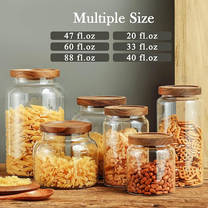 Labina Glass Storage Container Airtight Food Jars Kitchen Canister with Wood Lids, 47 Oz Wide Mouth Pantry Organization Glass Jar for Flour, Sugar, Cookie, Spagetti, Nuts and Candy (2 Pack)
