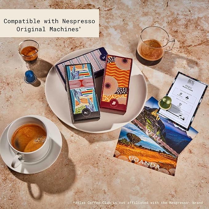 Atlas Coffee Club Espresso Pods Compatible with Nespresso Original– Dark Roast Variety Pack (40 Count)– Aluminum Capsules from Costa Rica, Nicaragua, Guatemala & India– Intensity 8-11
