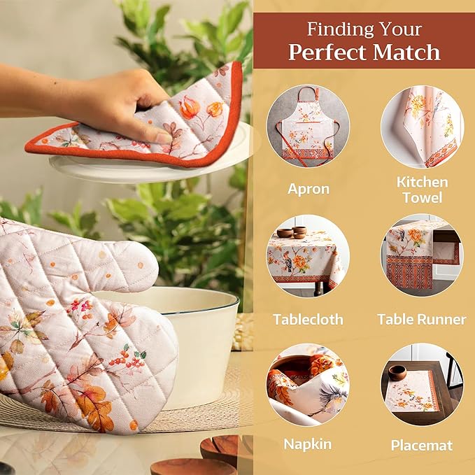 Maison d' Hermine 100% Cotton Oven Mitt & Pot Holder Set (7.5"x13" & 8"x8") Heat Resistant BBQ Cooking Gloves with Loop, Baking, Grilling, Kitchen, Handling Hot Pans (Kelim - Prairie)