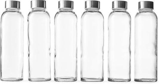 Epica Clear Glass Bottles with Lids, 18oz Resuable Glass Water Bottles for Juicing with Stainless Steel Cap to store Milk, Smoothie, etc., 100% Leak Proof, Durable and Dishwasher Safe (Set of 6)