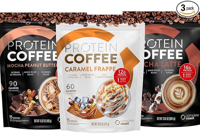 Complete Roast 3-Pack Caramel Frappe, Iced Coffee, and Vanilla (Caramel Frappe, Mocha Latte, Mocha Peanut Butter)