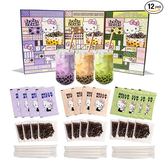 Hello Kitty Instant Boba Milk Tea Variety Kit, Brown Sugar, Taro, Match Flavor, with Taiwan Tapioca Pearls, Paper Straws Included (12 Servings)