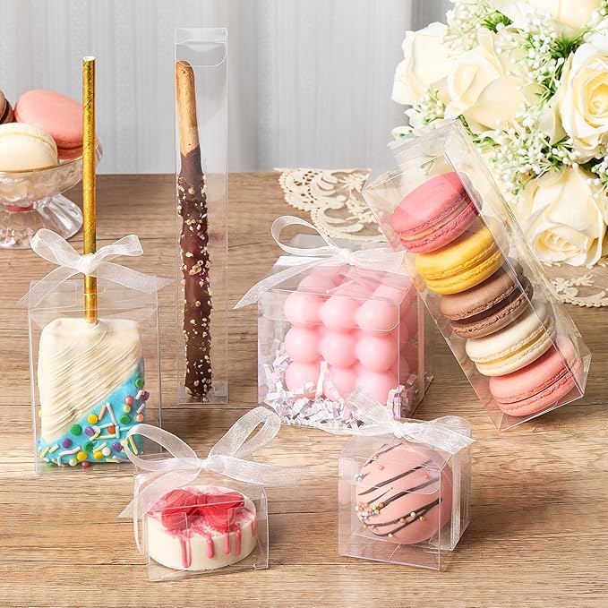 45 Pack 3x3x3 Inches Clear Favor Boxes with Ribbons, Transparent Plastic Cube Treat Boxes for Candy Goodie Gift, Small Individual Hot Cocoa Bomb Packaging Box