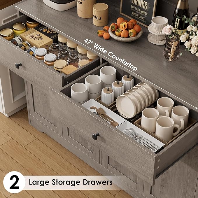 HIFIT 71" LED Kitchen Pantry Cabinet with Power Outlet, Large Kitchen Hutch Storage Cabinet with Arched Door, Shelves, 2 Drawer, Tall Farmhouse Coffee Bar w/Hutch for Home Dining Living Room, Ash Grey