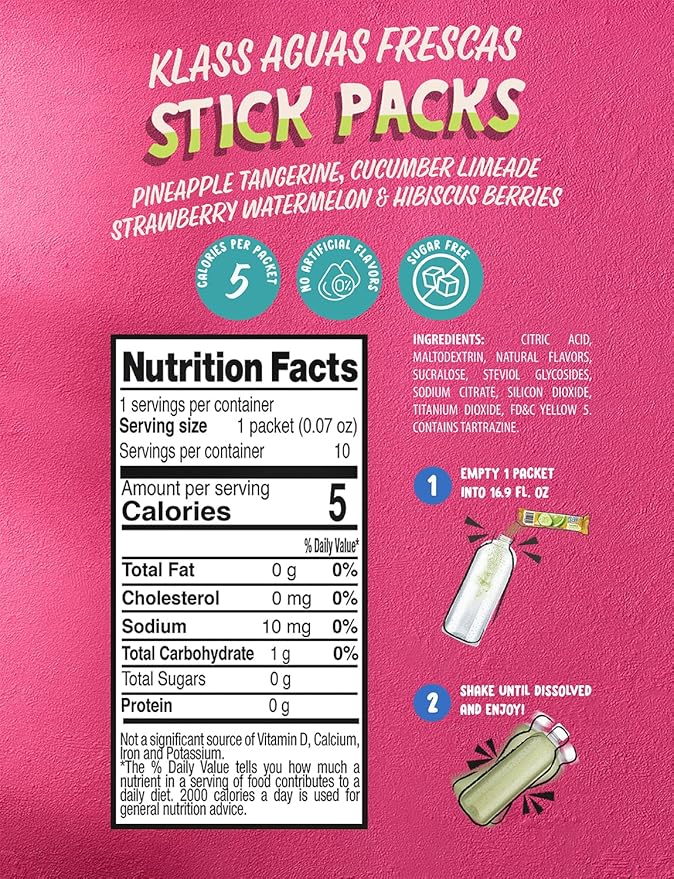 Klass Aguas Frescas | Drink Mix Variety Pack | Cucumber Limeade, Strawberry Watermelon, Hibiscus Berries & Pineapple Tangerine | Sugar Free On-The-Go Packets (40 Count Powder Stick Packs)