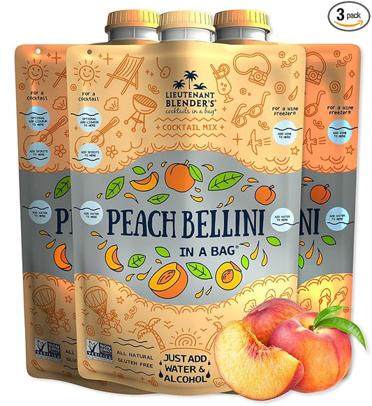 Lt. Blender's Peach Bellini in a Bag - Wine Slushie Mixes - Each Bag Makes 1/2 Gallon of Frozen Peach Bellini Mix – Non-GMO Wine Freezer mix - Make with Wine, Liquor or as a Mocktail - (Pack of 3)