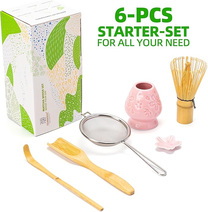 TEANAGOO Matcha Whisk Set,6-PCS Traditional Starter Set,100 Prongs Whisk with Pink Cherry Blossom Holder,Scoop(Chashaku),Tea Spoon,Bamboo Chasen,Ceremony Accessory,Gift for Friend/Family