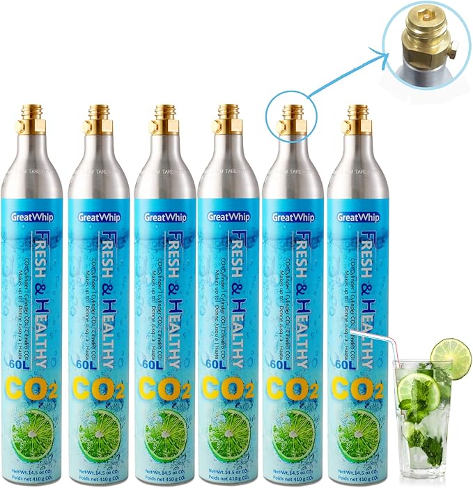 GreatWhip 60L CO2 Cylinder For Sodastream, Exchange Carbonator, Compatible w/All Threaded 'Screw-In' Soda Makers, Threaded Cylinders, NOT for quick-connect models, Set of 6