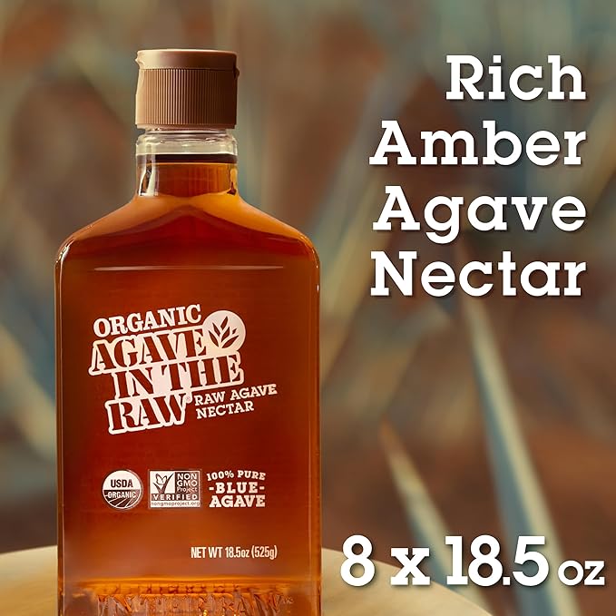 Agave In The Raw Organic Agave Nectar Sweetener, Blue Agave Syrup, No Erythritol, Sugar Substitute for Coffee, Baking, Hot & Cold Drinks, Natural, Low Carb, Vegan, Gluten-Free, 18.5oz Bottle (8 Pack)