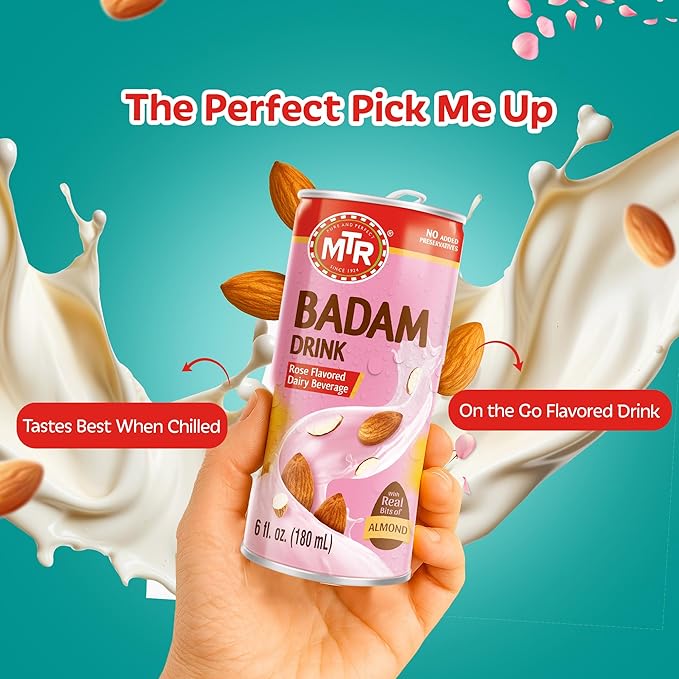 MTR Badam Drink - Rose Flavored, Ready-to-Drink - Authentic Indian Almond Milk Beverage, Real Bits of Almond, No Added Preservatives, Gluten-Free, Refreshing Drink, Perfect for Anytime Refreshment, Pack of 6