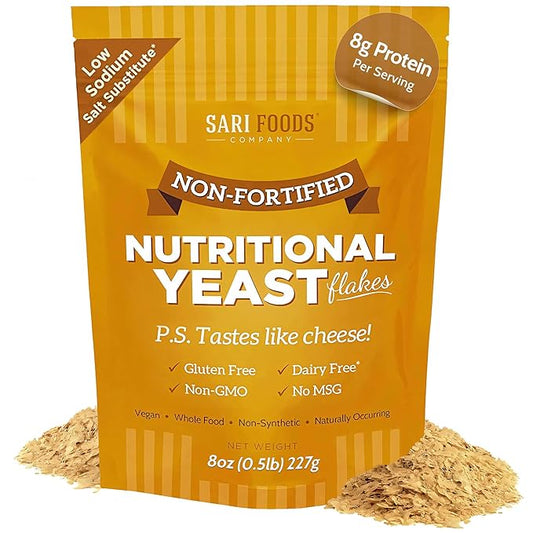 Sari Foods Non-Fortified Nutritional Yeast Flakes - 8oz - Superfood, Protein. Gluten Free & Dairy Free Vegan Cheese Parmesan Substitute, Vitamins B, Beta-glucans & 18 Amino Acids