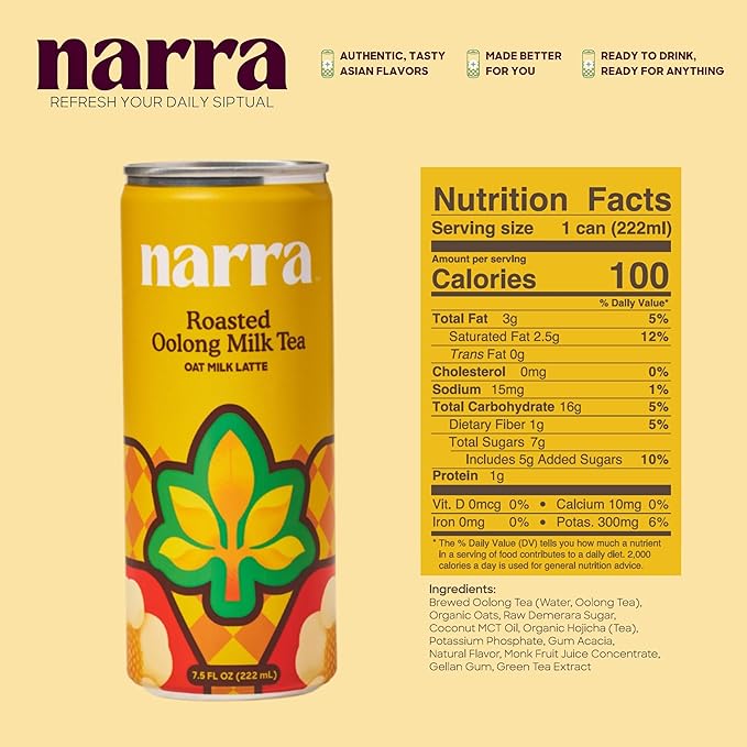 Narra, Oat Milk Tea Latte - Roasted Oolong Tea, Hojicha, Natural Caffeine & L-Theanine, Organic Oat Milk, MCT Oil, Dairy Free, No Refined Sugar, Non-GMO, 7.5 Fl Oz (12 Pack)