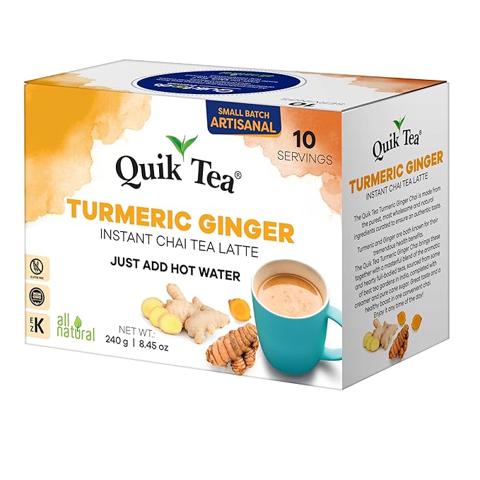 QuikTea Turmeric Ginger Chai Tea Latte - 10 Count Single Box - All Natural Preservative Free Authentic Instant Chai from Assam