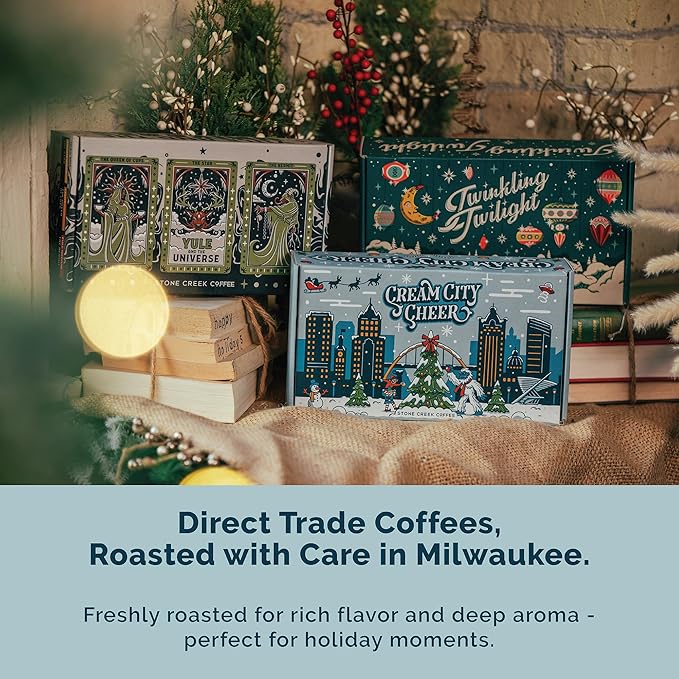 Stone Creek Coffee Cream City Cheer Box (Dark, Medium and Light Roast, 8 Oz) – Whole Bean Coffee Sampler, Holiday Limited-Edition Gift Set, Bright, Smooth and Bold Fresh Roasted Coffee Beans