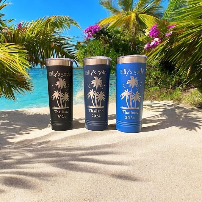 Personalized Skinny Tumbler 20oz with Slider Lid and Staw by iProductsUS - Personalized Laser Engraved Stainless Steel Custom Vacation Mug, 10 colors and 25 Designs, (Royal Blue)