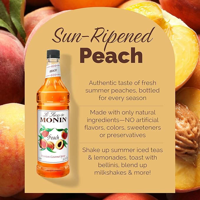 Monin - Peach Syrup, Fresh and Juicy Flavors, Great for Iced Teas, Lemonades, and Sodas, Non-GMO, Gluten-Free (1 Liter, 2-Pack)