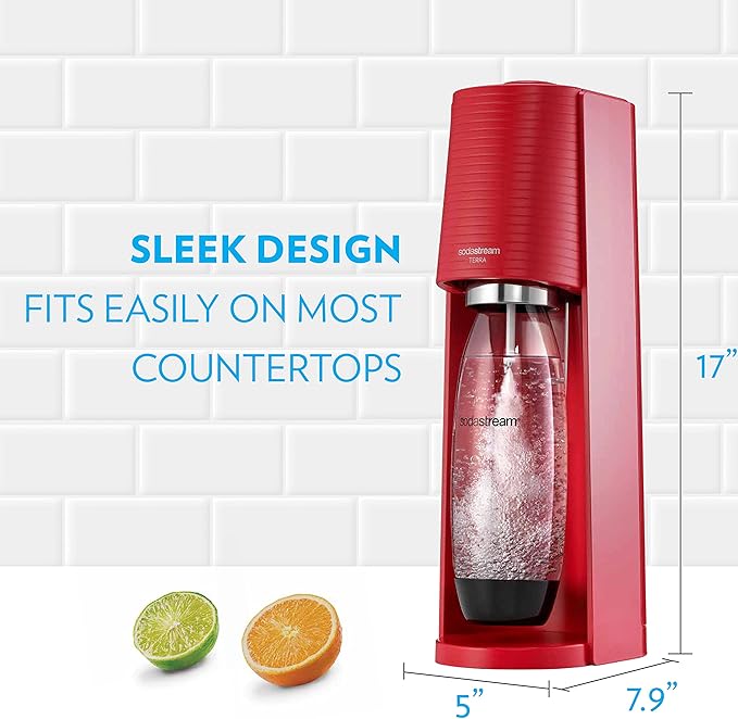 SodaStream Terra Sparkling Water Maker (Red) with CO2 and Dishwasher Safe Bottle
