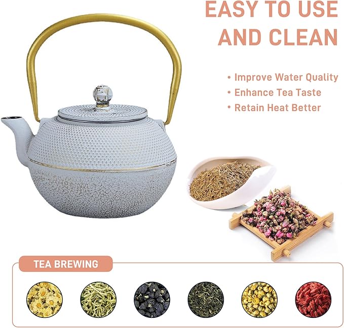 Japanese Tetsubin Cast Iron Teapot Tea Kettle pot with Stainless Steel Infuser for Stovetop Safe Coated with Enameled Interior (White, 1200ml)