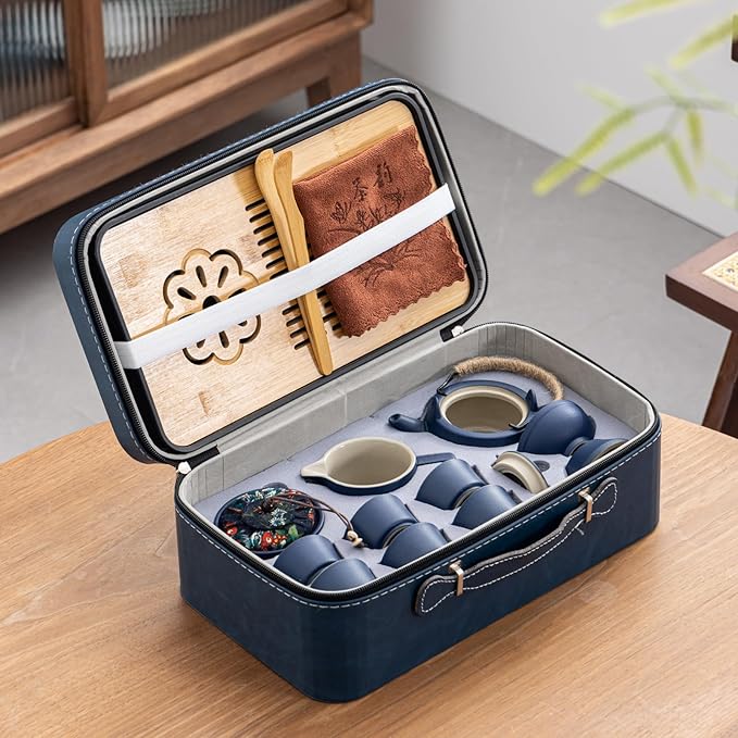Travel tea set,Portable ceramic tea set,Chinese tea set,Tea sets for adults,Tea pot sets,Portable Travel Bag,Home,Gifting,Outdoor and Office,茶具 (Blue)