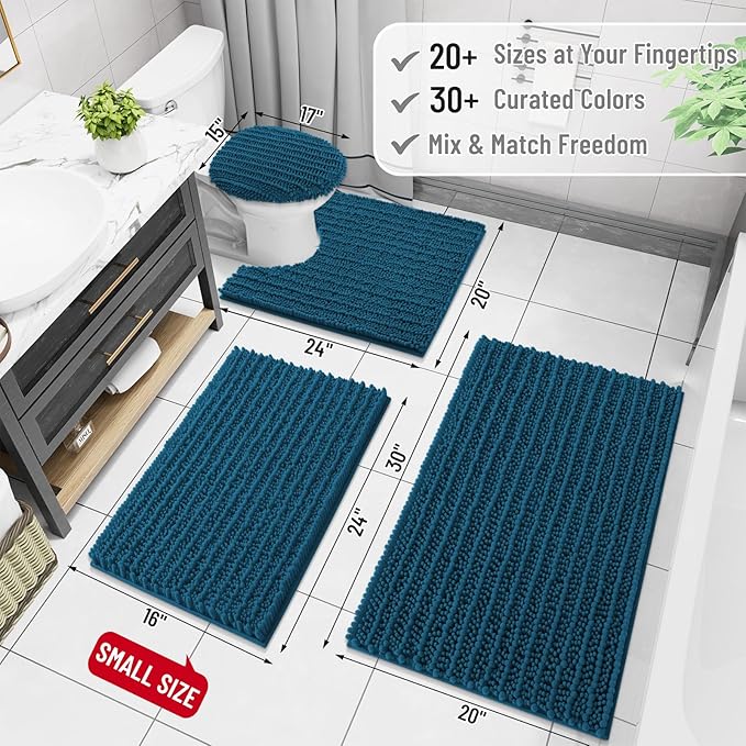 Arotive Luxury Chenille Bathroom Rug Mat, Extra Soft Thick Absorbent Shaggy Bath Rugs, Non-Slip Machine Wash Dry, Plush Bath Mats for Bathroom, Shower and Tub, 44x32, Peacock Blue