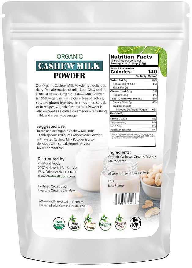 Z Natural Foods Organic Cashew Milk Powder, Cashew Milk for Healthy Insulin Levels, Heart, and Skin, Ideal for Smoothies, Cereal, and Recipes, Non-GMO, Vegan, Gluten-Free, Kosher, 1 lb.