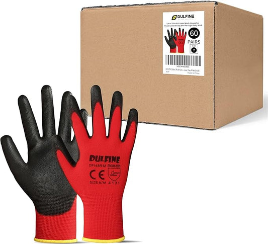 DULFINE Safety Work Gloves PU Coated-60 Pairs,Red Seamless Knit Glove with Polyurethane Coated Smooth Grip on Palm & Fingers, for Men and Women, Ideal for General Duty Work (Small)