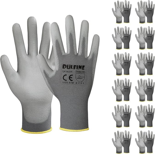 DULFINE Safety Work Gloves PU Coated-12 Pairs,Grey Seamless Knit Glove with Polyurethane Coated Smooth Grip on Palm & Fingers, for Men and Women, Ideal for General Duty Work (Extra Large)