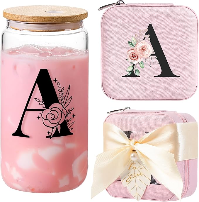 AYGXU glass cups with lids and straws,bridesmaid proposal gifts,Initia glass cups,Travel Must Have Jewelry Box,iced coffee cups,Travel Gifts for Women Girls,Birthday Gifts,Initial A pink