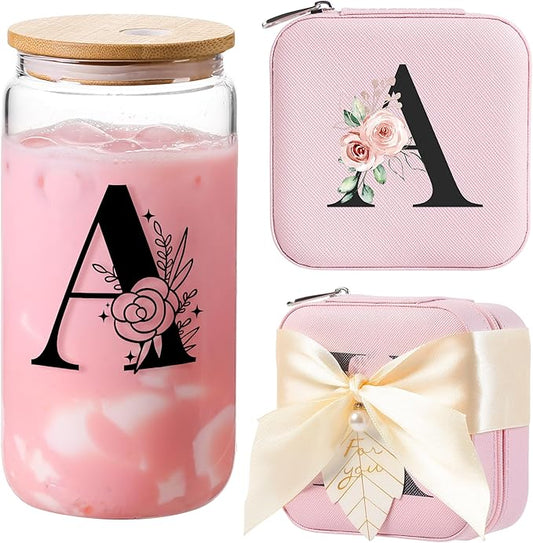 AYGXU glass cups with lids and straws,bridesmaid proposal gifts,Initia glass cups,Travel Must Have Jewelry Box,iced coffee cups,Travel Gifts for Women Girls,Birthday Gifts,Initial A pink