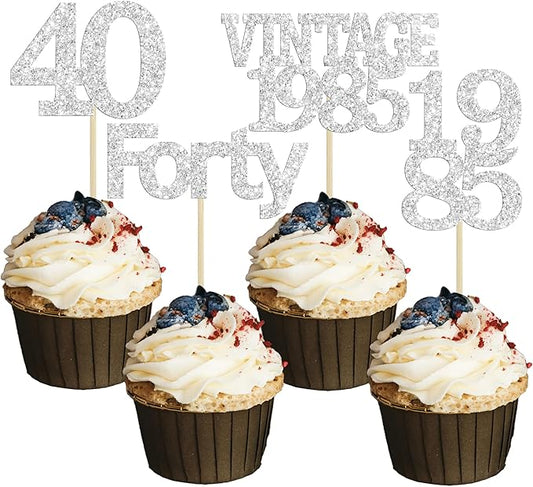 Gyufise 24Pcs Happy 40th Birthday Cupcake Toppers Glitter Forty 40 Fabulous Vintage 1985 Cake Toppers for 40th Birthday Wedding Anniversary Party Cake Decorations Supplies Silver