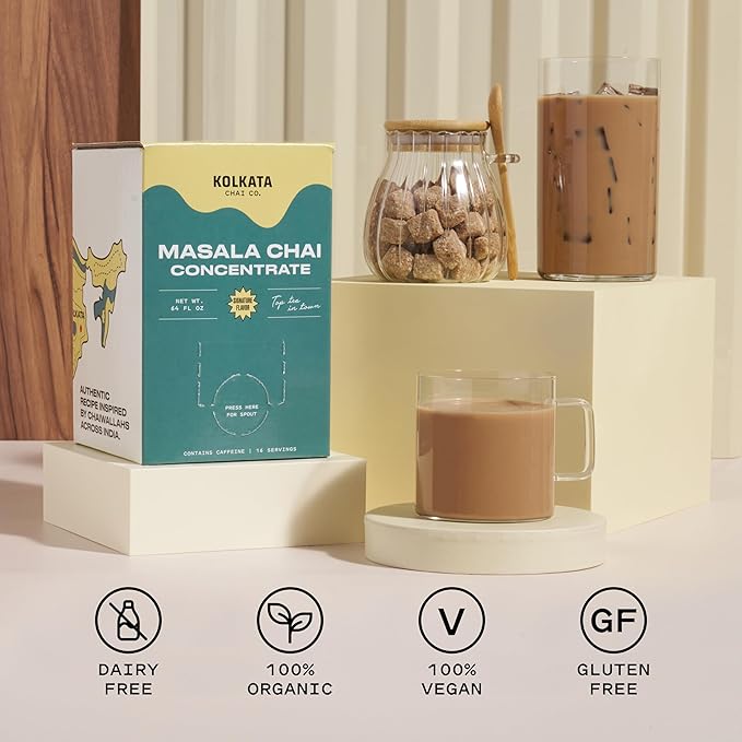 Kolkata Chai - Masala Chai Concentrate for Chai Tea Latte, 64oz Microbrewed Premium Organic Black Tea and Spices, Vegan, Gluten Free, All Natural, Makes 16 servings