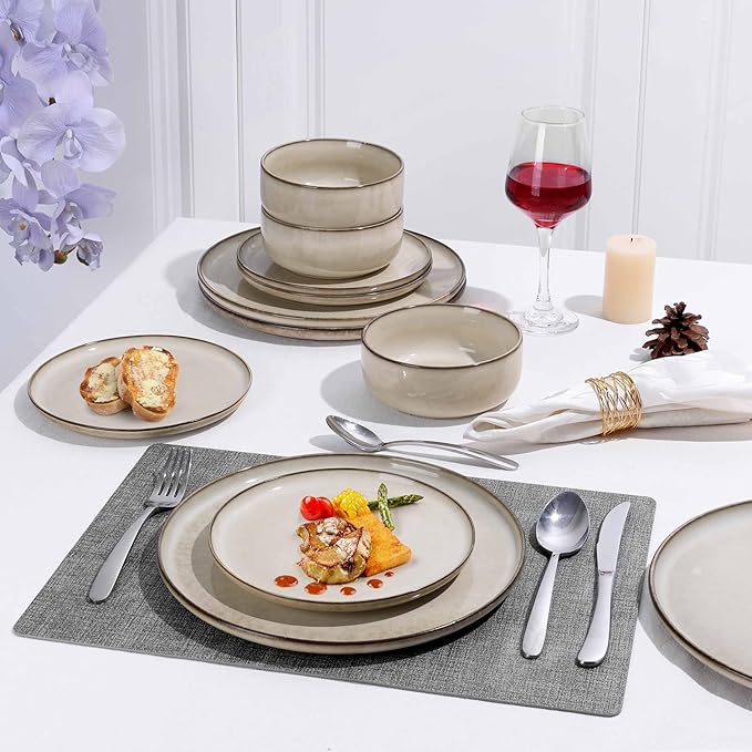 Herogo Ceramic 7.9 Inch Dinner Dessert Plates Set of 6, Small Stoneware Dinnerware Plate Set, Double Reactive Glaze Large Dinnerware Plates for Kitchen, Microwave, Oven & Dishwasher Safe, Cream Khaki