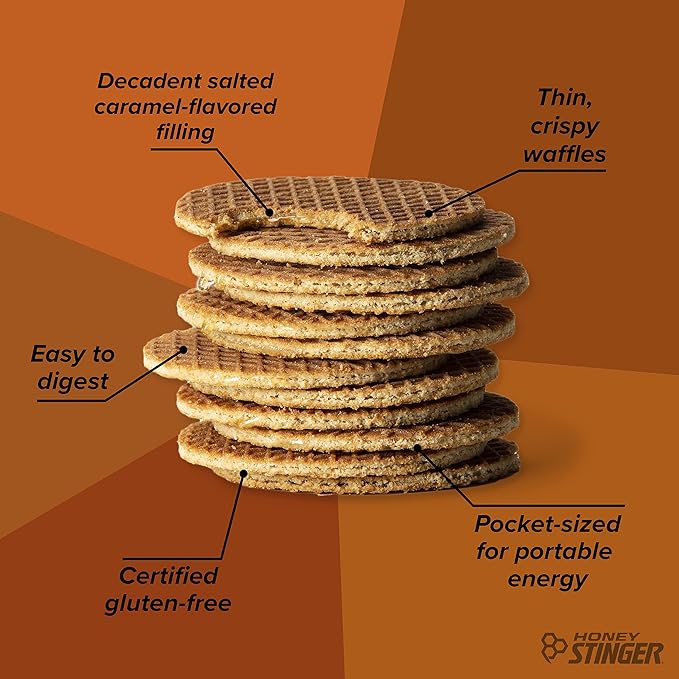 Honey Stinger Organic Gluten Free Salted Caramel Waffle, Energy Stroopwafel for Exercise, Endurance and Performance, Sports Nutrition for Home & Gym, Pre & Post Workout, Box of 16 Waffles, 16.96 Oz