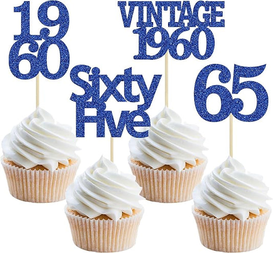 Gyufise 24Pcs Vintage 1960 Cupcake Toppers Glitter Cheers to 65 Fabulous Sixty Five Cupcake Picks 65th Birthday Wedding Anniversary Party Cake Decorations Supplies Deep Blue