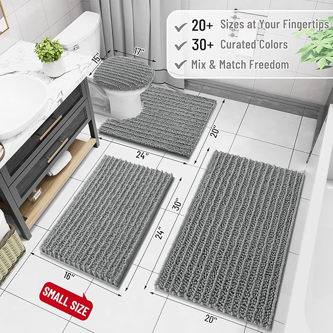 Arotive Luxury Chenille Bathroom Rug Mat, Extra Soft Thick Absorbent Shaggy Bath Rugs, Non-Slip Machine Wash Dry, Plush Bath Mats for Bathroom, Shower and Tub, 70x24, Grey